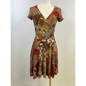 Ralph Lauren Petite Short Sleeve V Neck Dress Brown Red Print Classic Size PXS